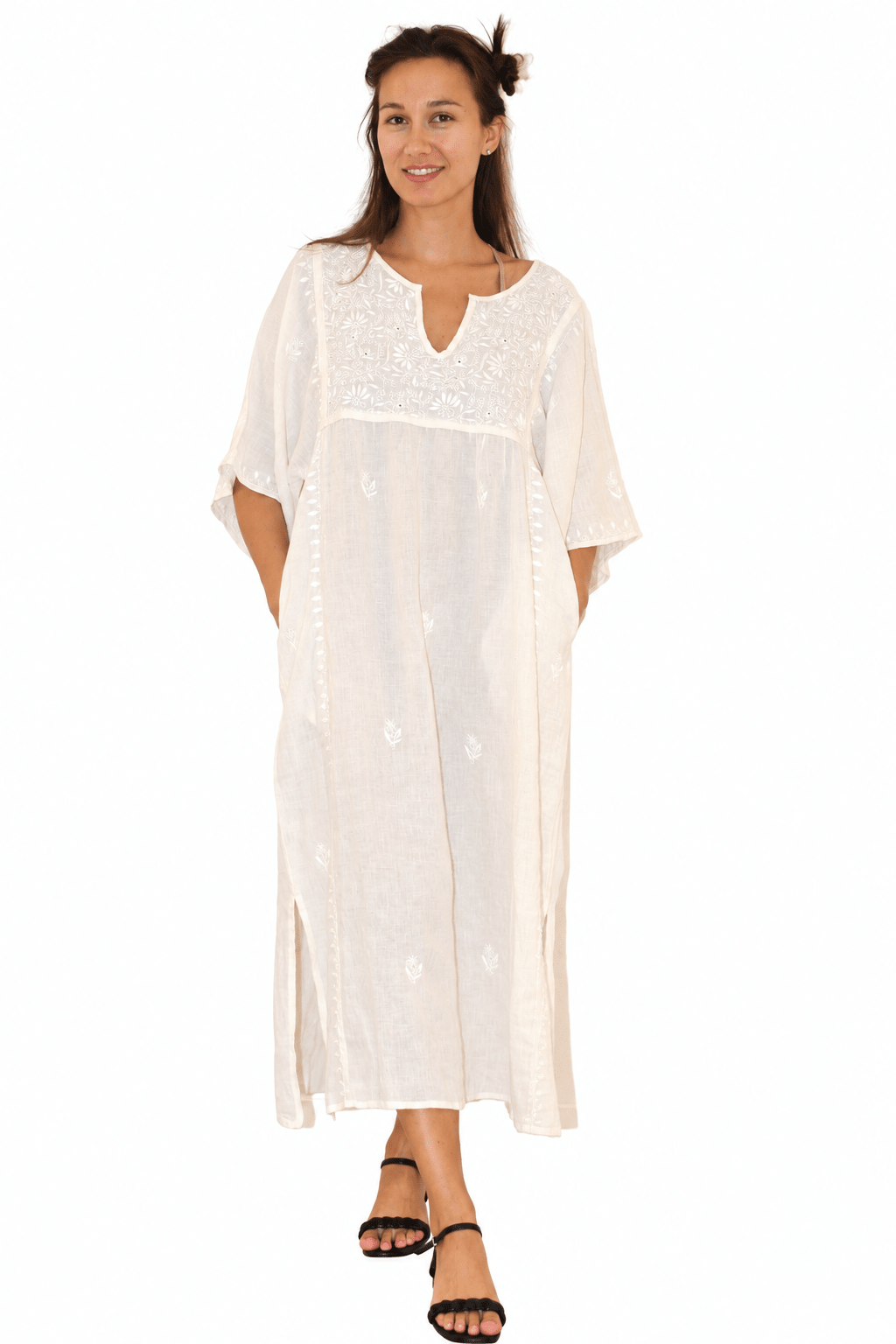 Linen Kimono Dress / Hand Emb Off White - JoshiKimono