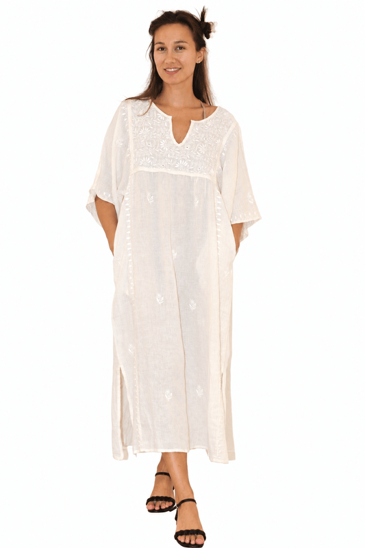 Linen Kimono Dress / Hand Emb Off White - JoshiKimono