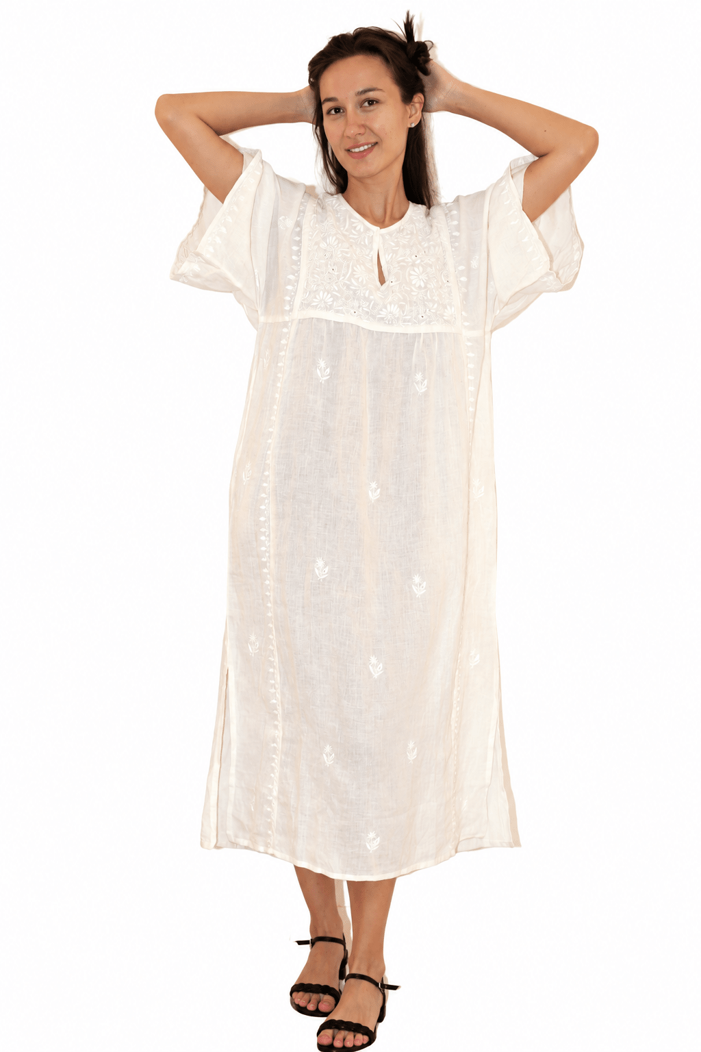 Linen Kimono Dress / Hand Emb Off White - JoshiKimono