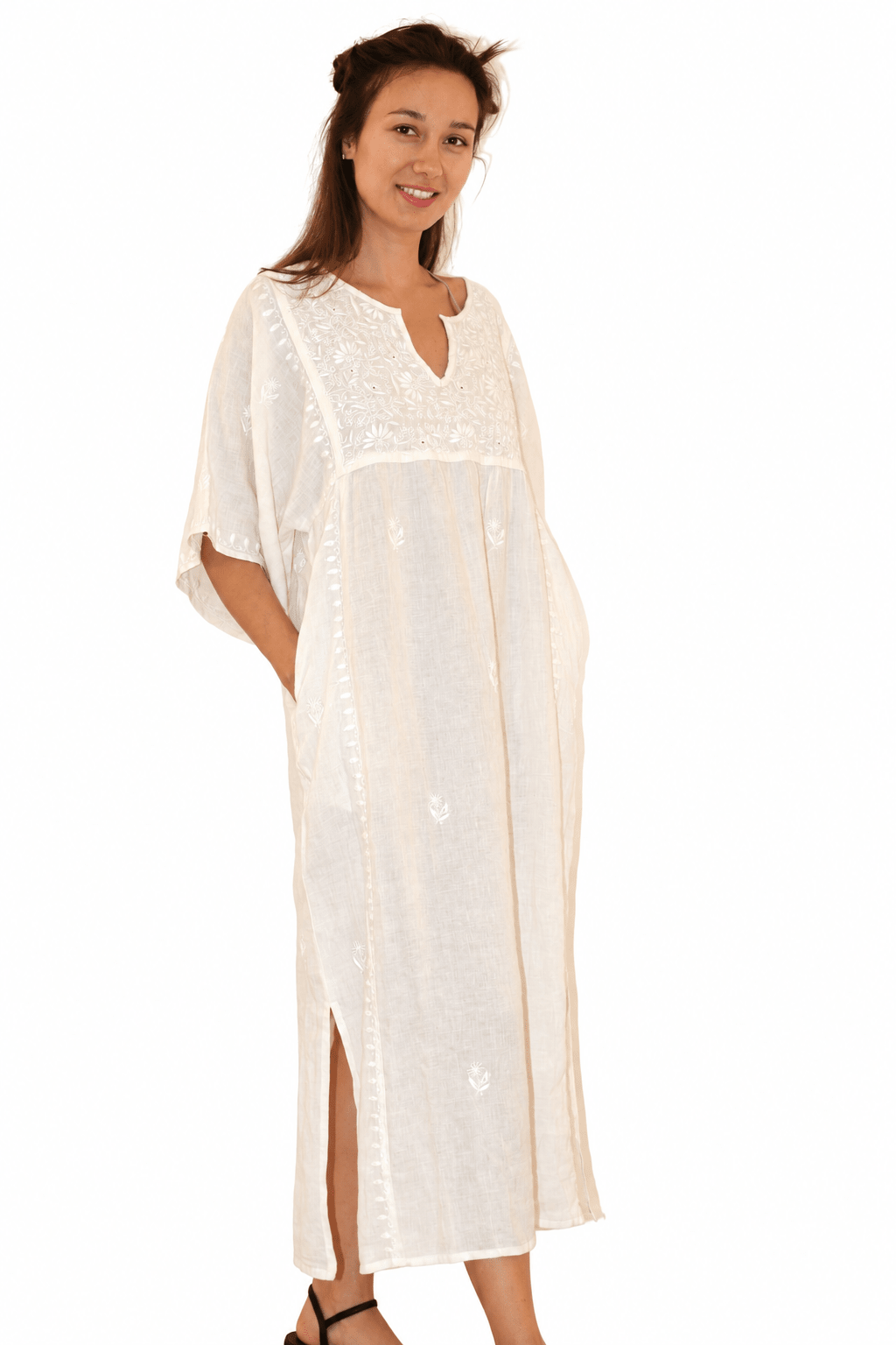 Linen Kimono Dress / Hand Emb Off White - JoshiKimono