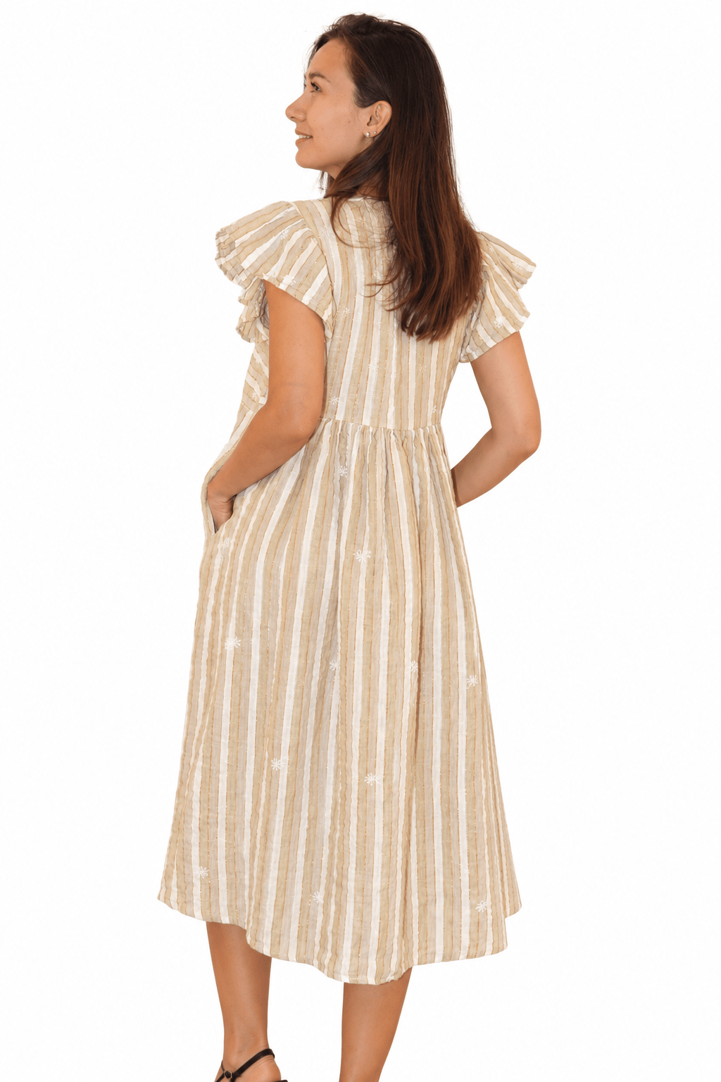 Linen Lurex Stripes Rugby Dress – White & Beige - Joshi