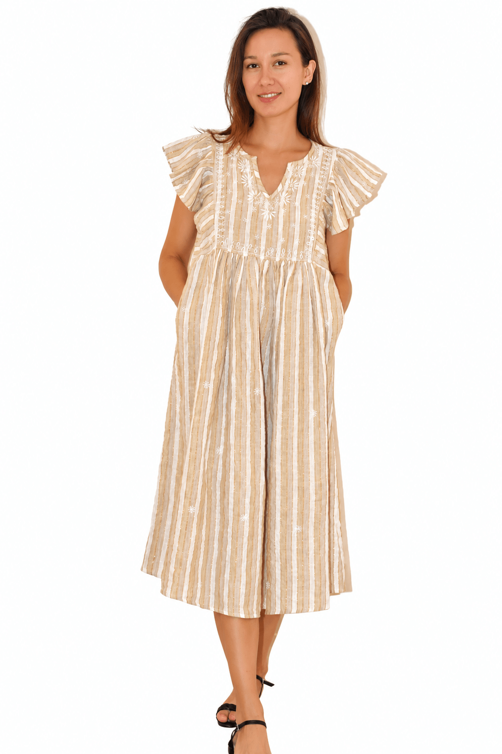 Linen Lurex Stripes Rugby Dress – White & Beige - Joshi