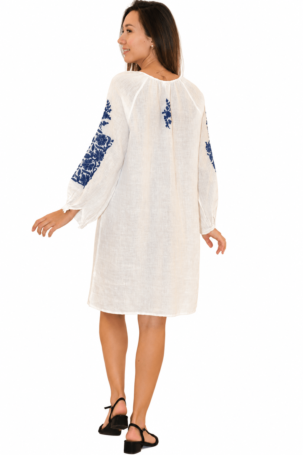 Linen Peasant Dress Hand Emb Blue - Joshi