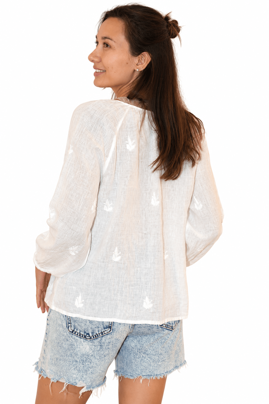 Linen Peasant Top White Emb - Joshi