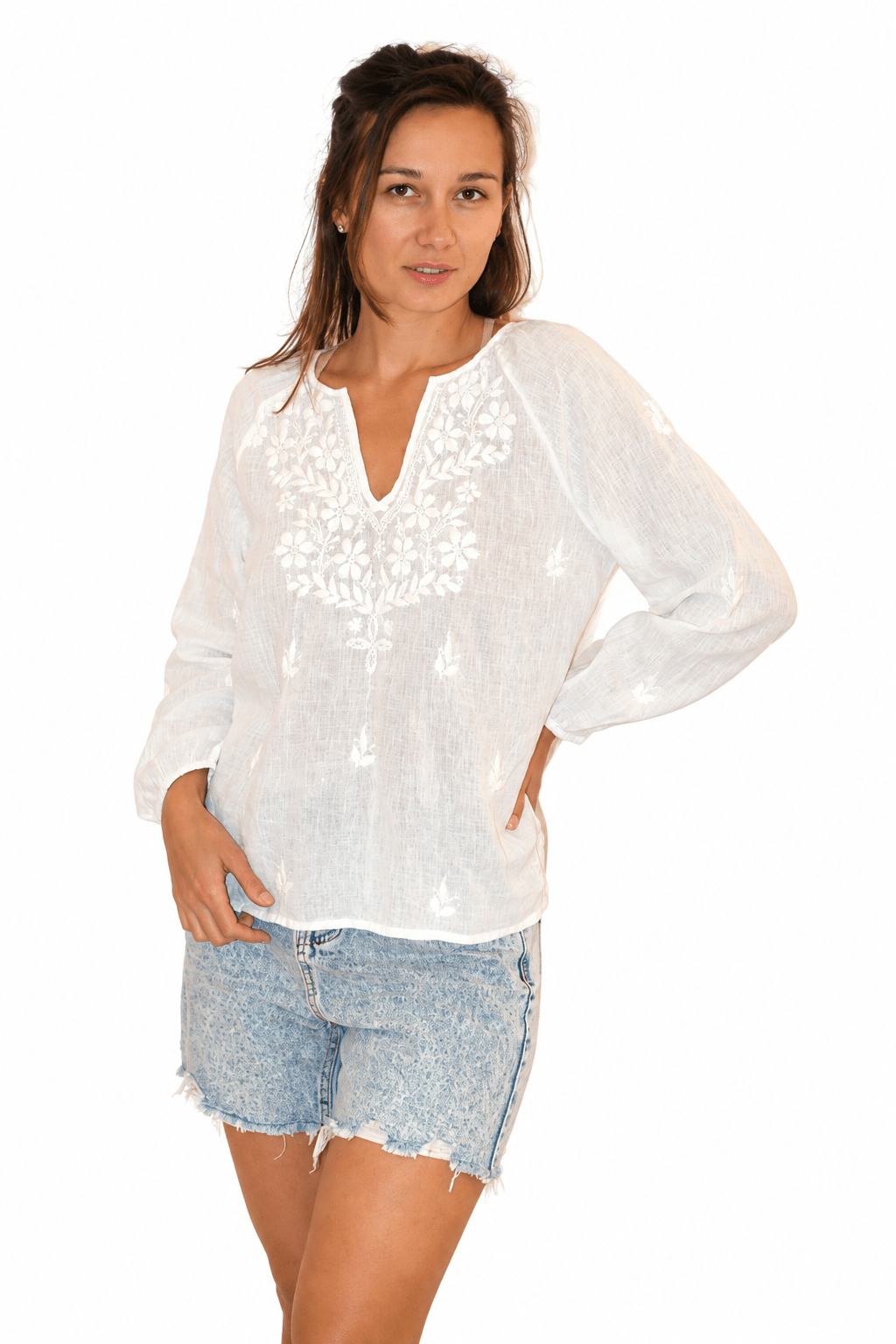 Linen Peasant Top White Emb - Joshi