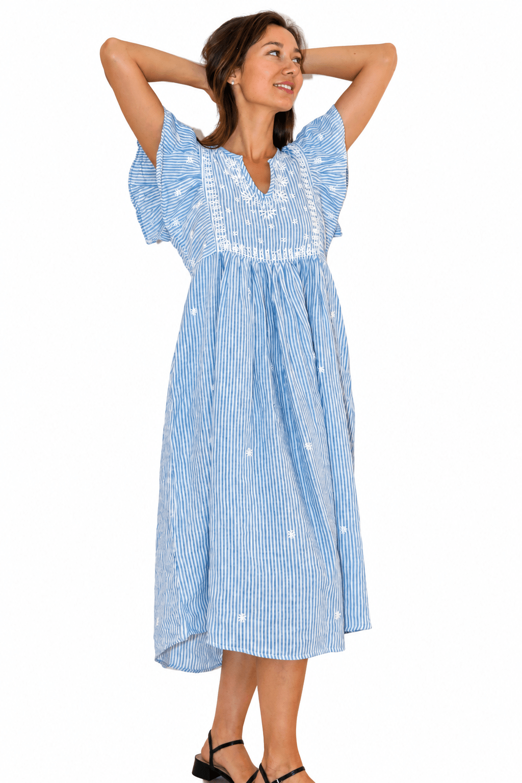 Linen Stripes Rugby Dress / Hand Emb Blue - Joshi