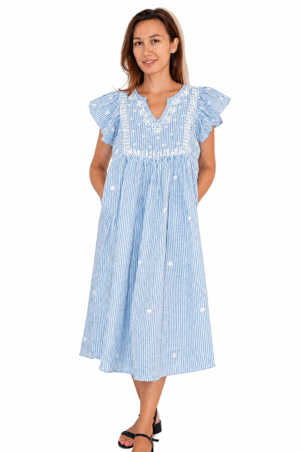 Linen Stripes Rugby Dress / Hand Emb Blue - Joshi
