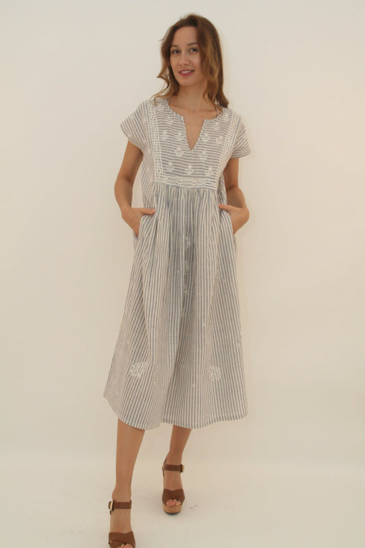Nina Dress Long Blue Stripes - Joshi