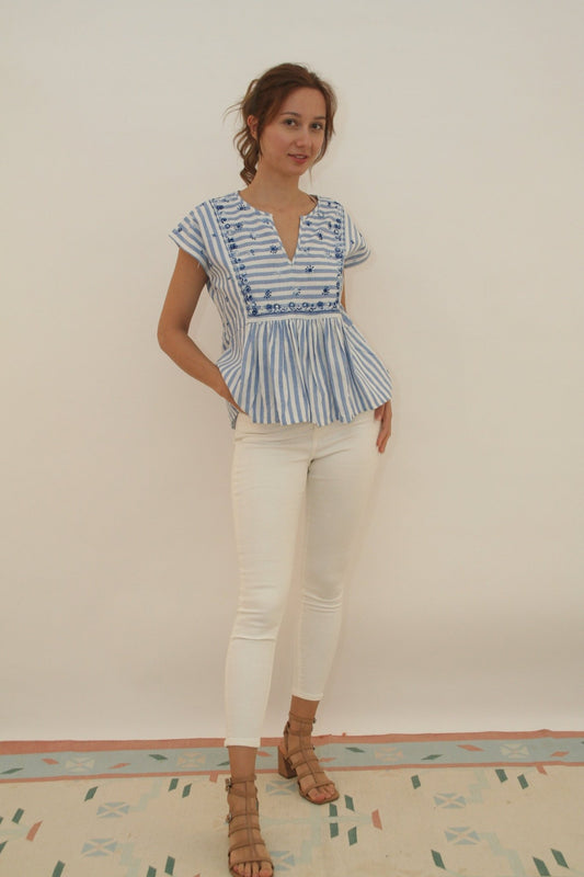 Nina Top blue stripes and blue emb - Joshi