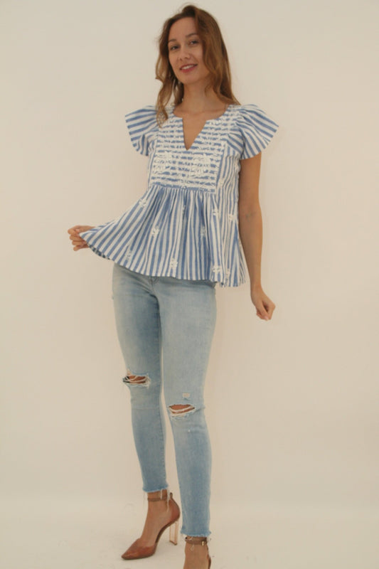 Nina Top blue stripes and white emb - Joshi