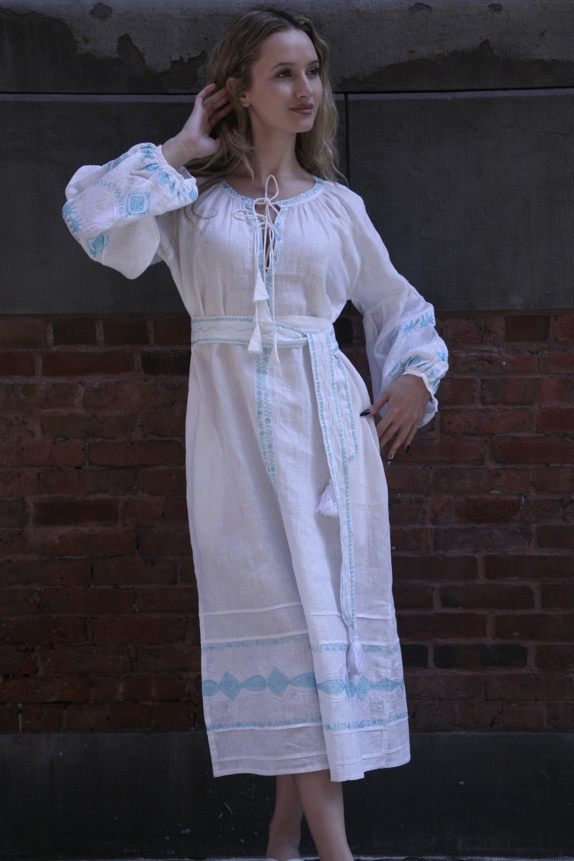 Sasha Linen Dress White Aqua Emb - Joshi