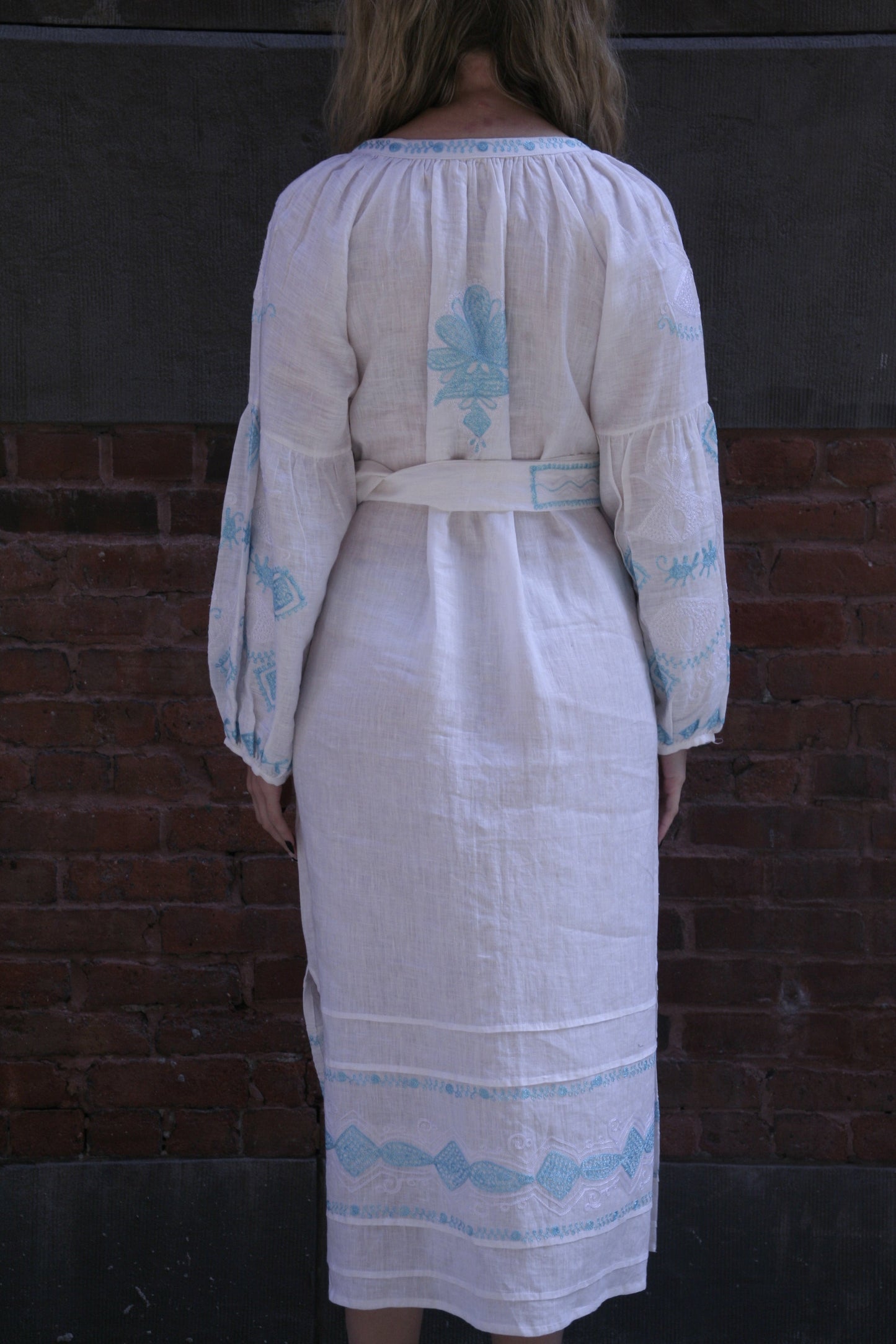 Sasha Linen Dress White Aqua Emb - Joshi