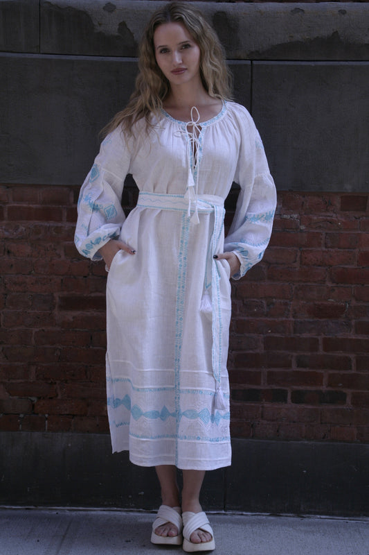 Sasha Linen Dress White Aqua Emb - Joshi