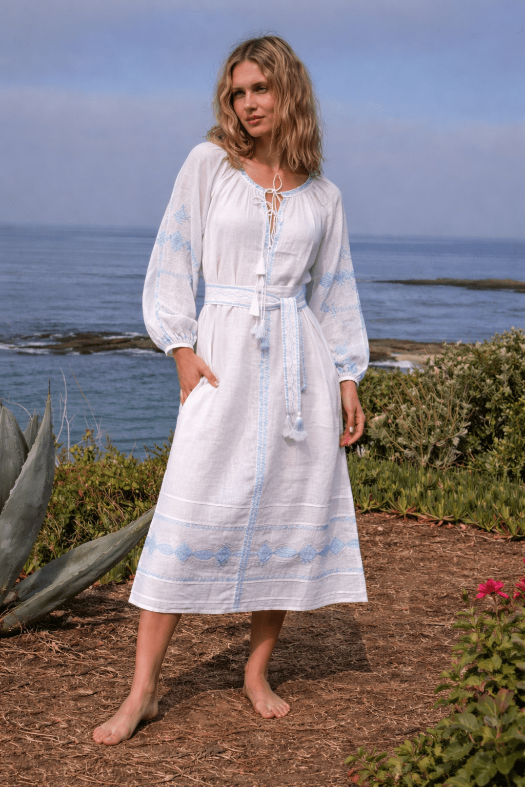 Sasha Linen Dress White Aqua Emb - Joshi