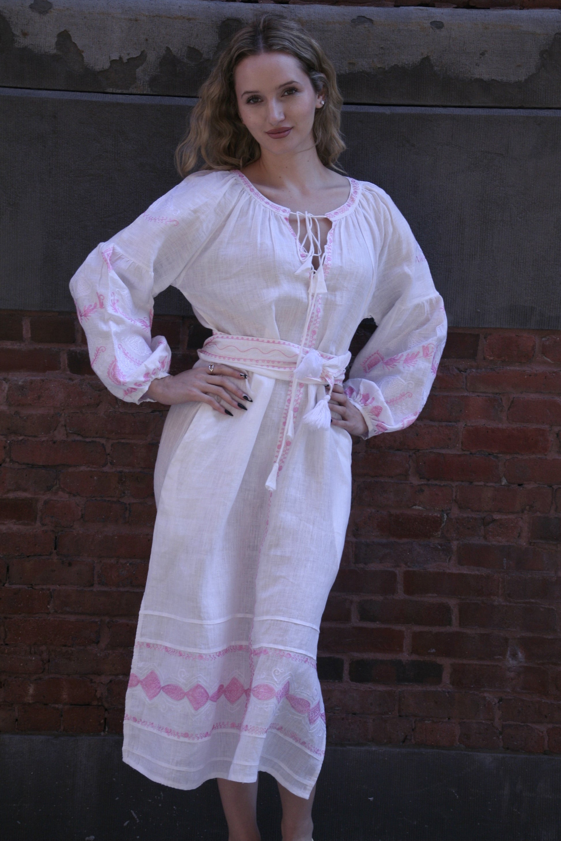Sasha Linen Dress White Pink Emb - Joshi