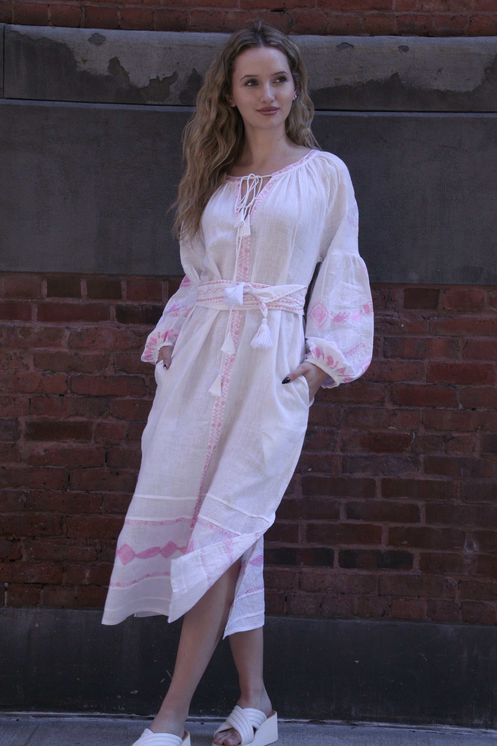 Sasha Linen Dress White Pink Emb - Joshi