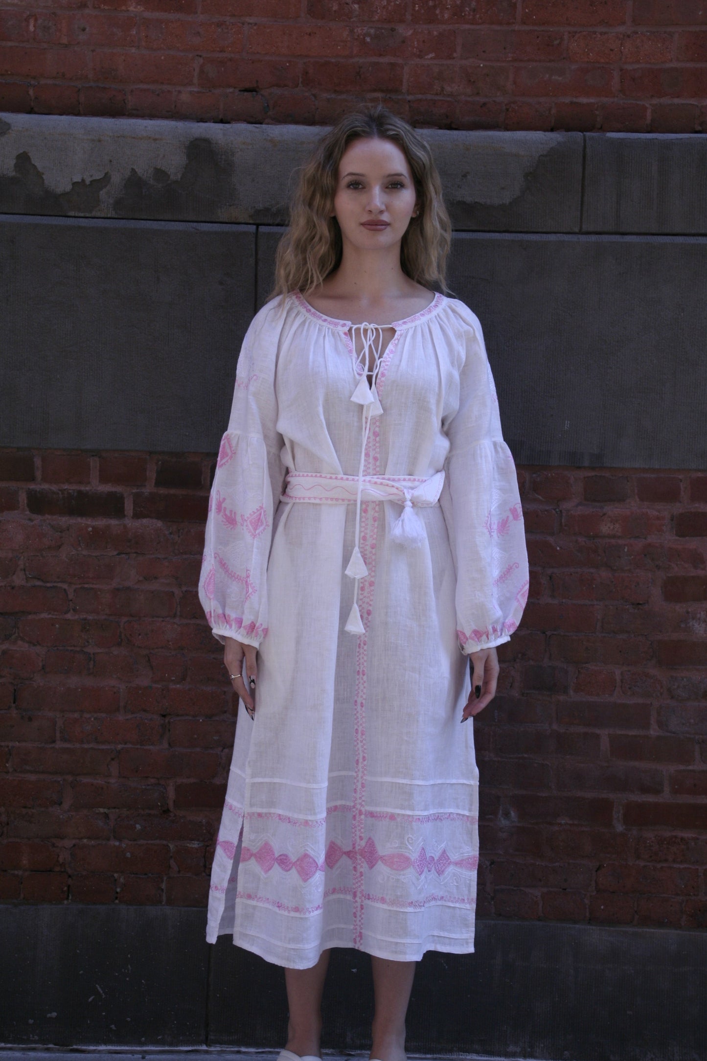 Sasha Linen Dress White Pink Emb - Joshi