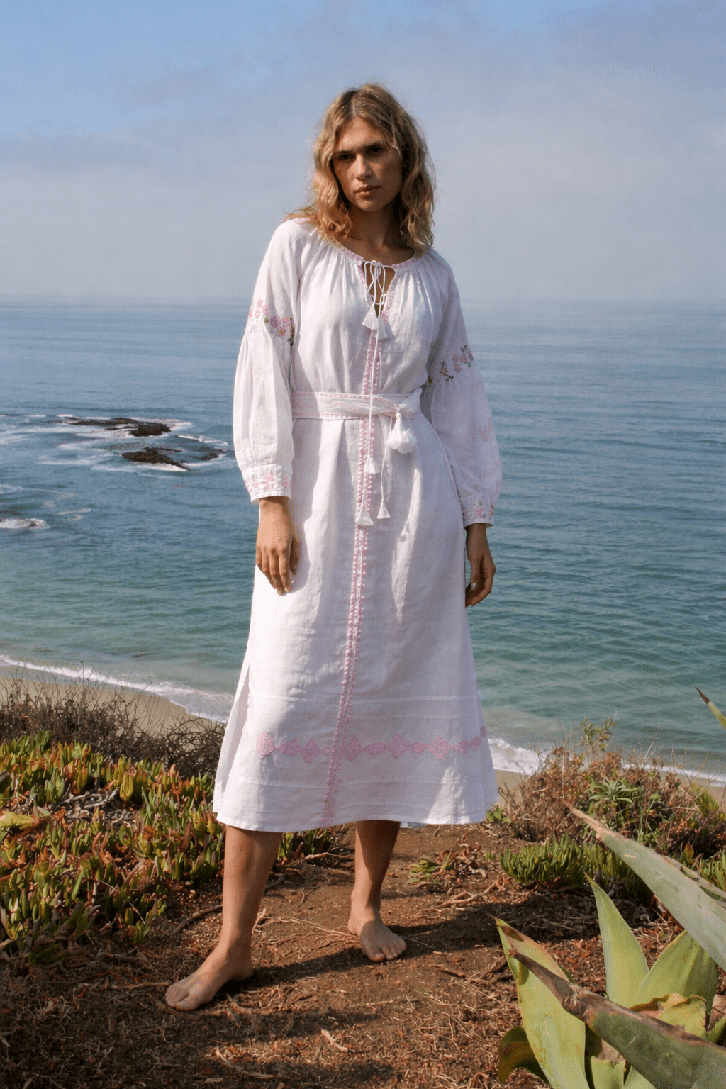 Sasha Linen Dress White Pink Emb - Joshi