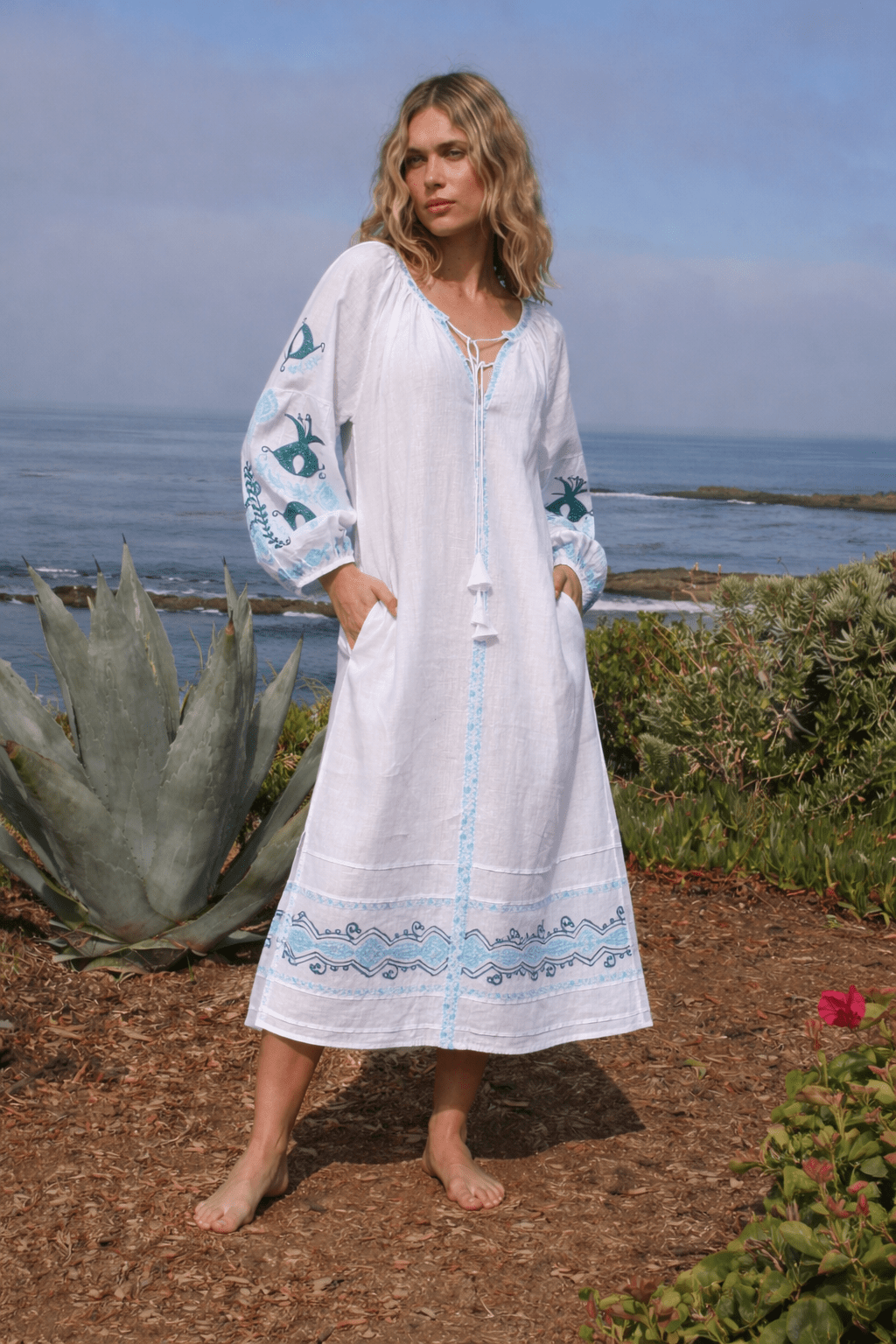 Sasha Linen Dress White Teal Emb - Joshi