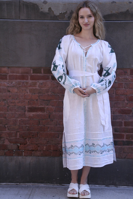 Sasha Linen Dress White Teal Emb - Joshi