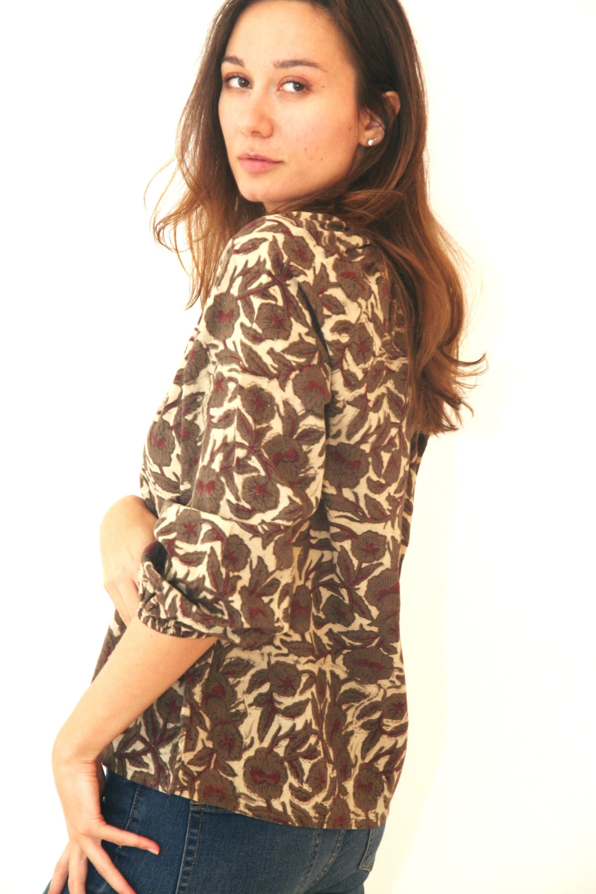 Soft Cotton Peasant Top Block Print D - JoshiTop