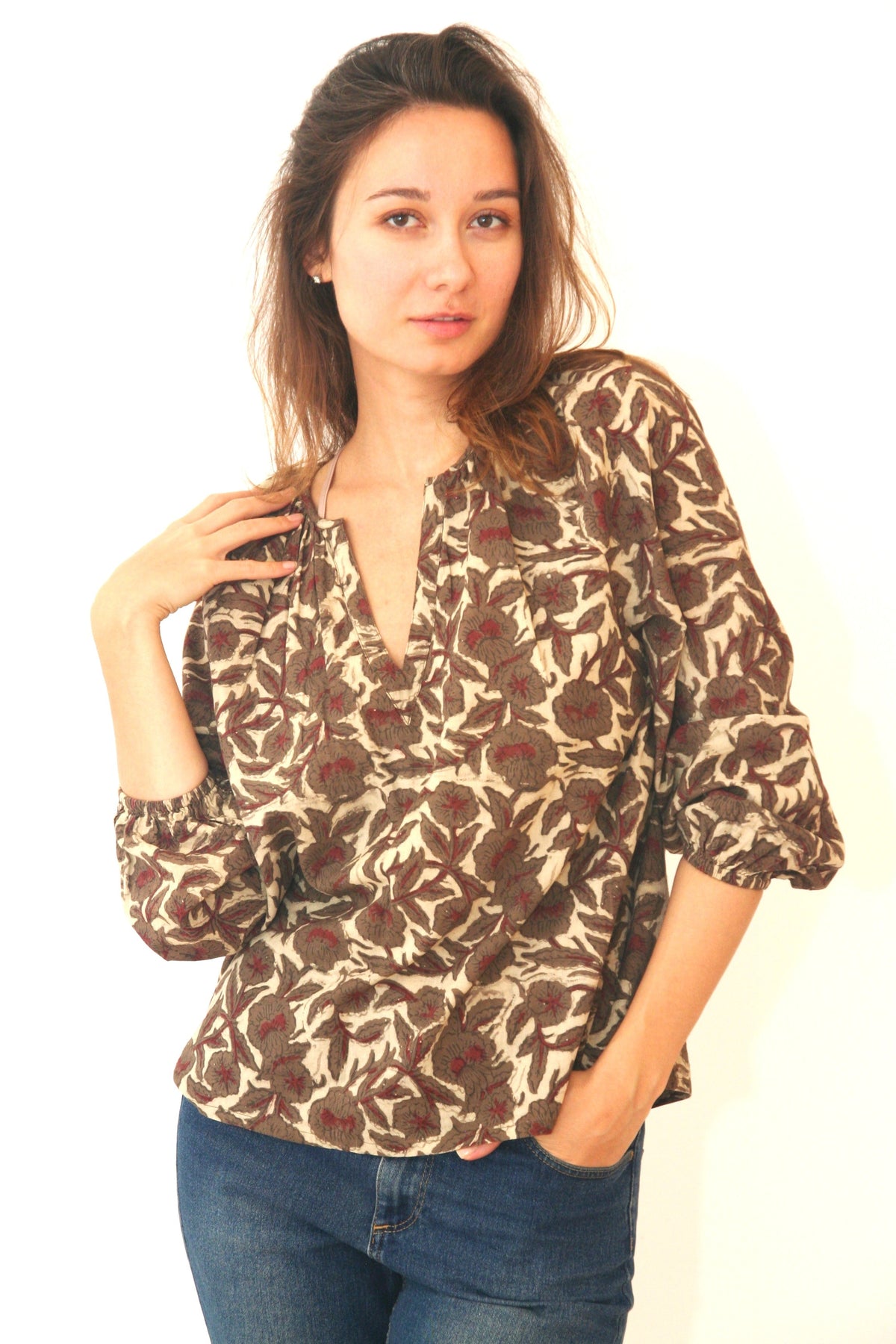 Soft Cotton Peasant Top Block Print D - JoshiTop